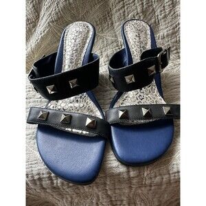 Diego di Lucca Wedge US 8  Heel Sandals Blue Silver Metal Accents Made In Brazil